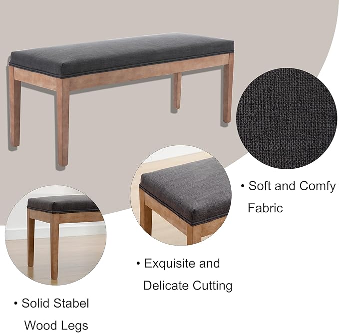 DM Furniture Linen Dining Bench Upholstered Entryway Bench Farmhouse Shoe Bench Seat Ottoman for Hallway Living Room Bedroom End of Bed Dining Room Kitchen, 45.5" Long, Charcoal