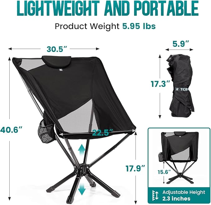 TCEK Portable High Back Camping Chair with Adjustable Height, Small Compact Outdoor Folding Chair for Adults Travel, Riselite Collapsible Lightweight Packable Camp Chairs, Easy Carry and Quick Setup