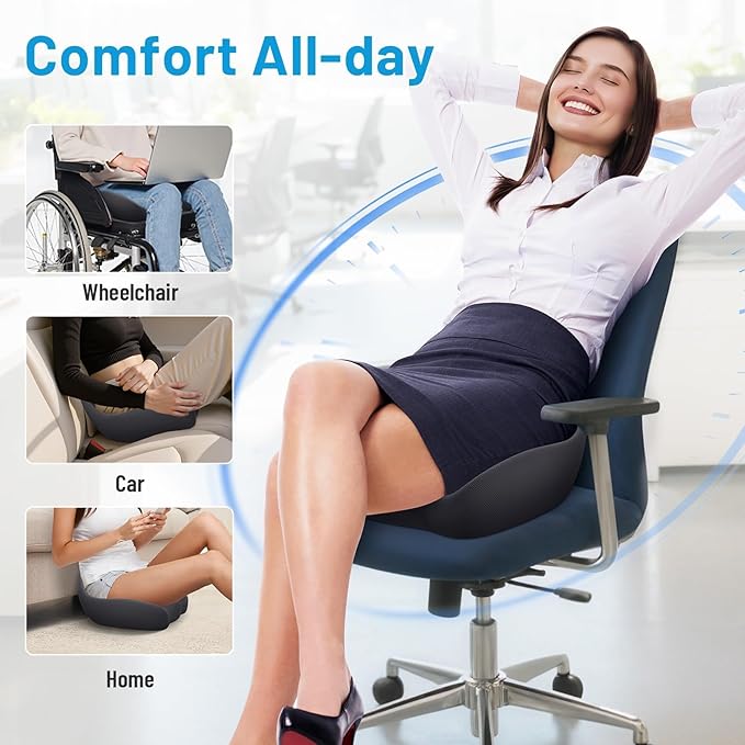 CushZone Seat Cushion, Memory Foam Office Chair Cushions, Ergonomic Curved Design for Sciatica, Tailbone, Coccyx, Seat Support for Car, Desk Chair, Wheelchair, Enhances Long Sitting Comfort (Grey)