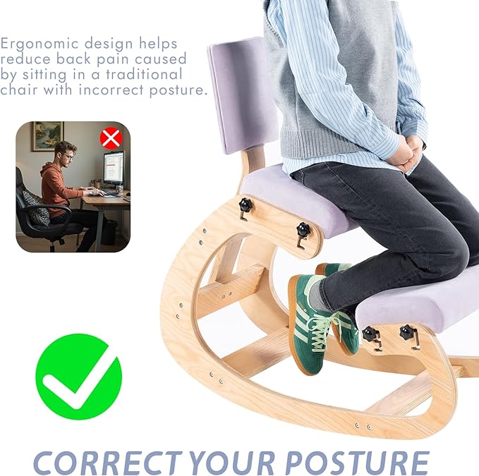 VDNEND Ergonomic Kneeling Chair with Back Support,Wooden Kneeling Chair Desk for Work, Rocking Office Kneel Chairs for Relieve Back Pain, Kneeling Posture Chairs for Gaming,Home (Light Purple)