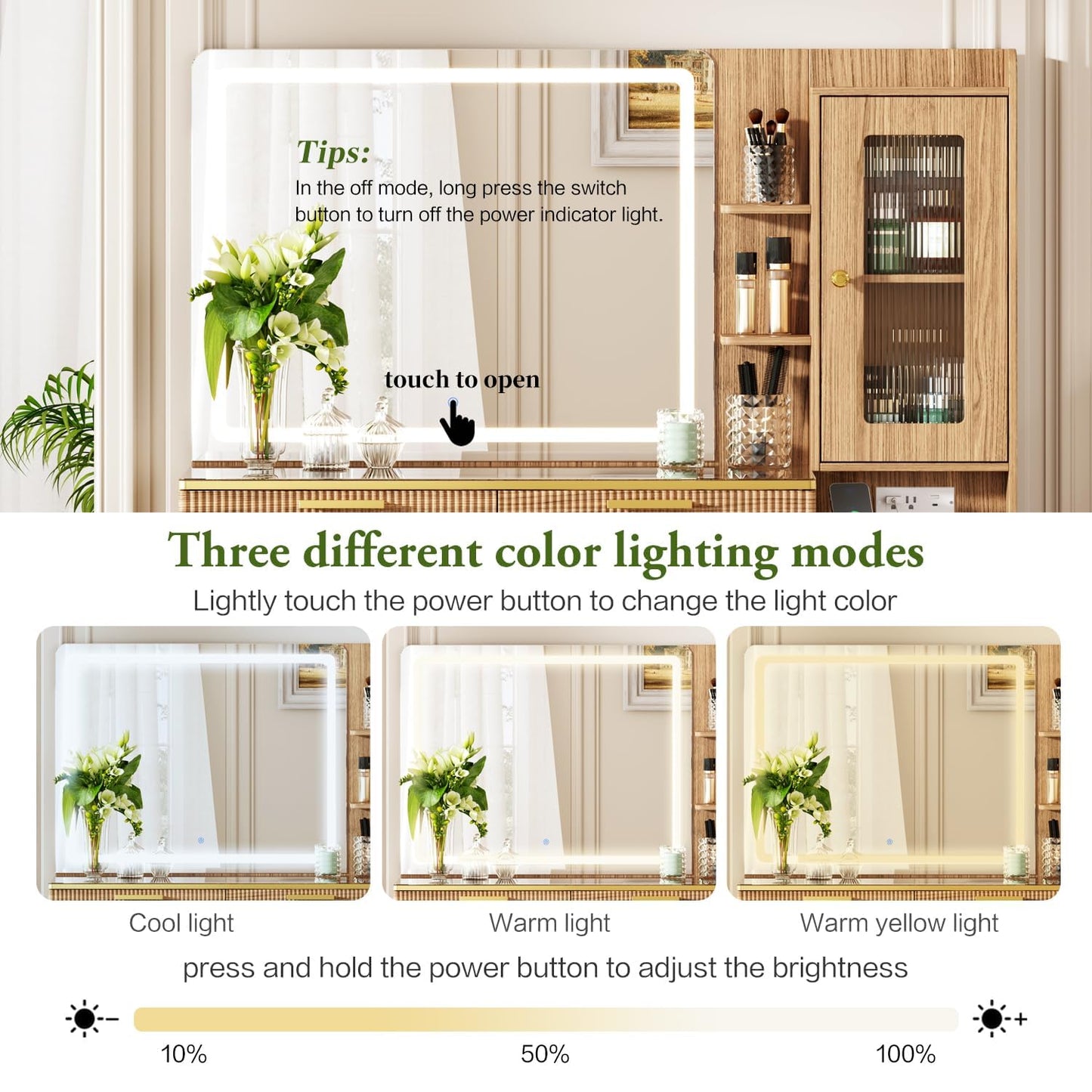 Chrangmay 47.24" Big Modern Vanity Desk with Mirror and Lights,Makeup Vanity Desk with 5 Drawers and Storage Shelves & Power Outlet,Dressing Table with Glass Top, Oak