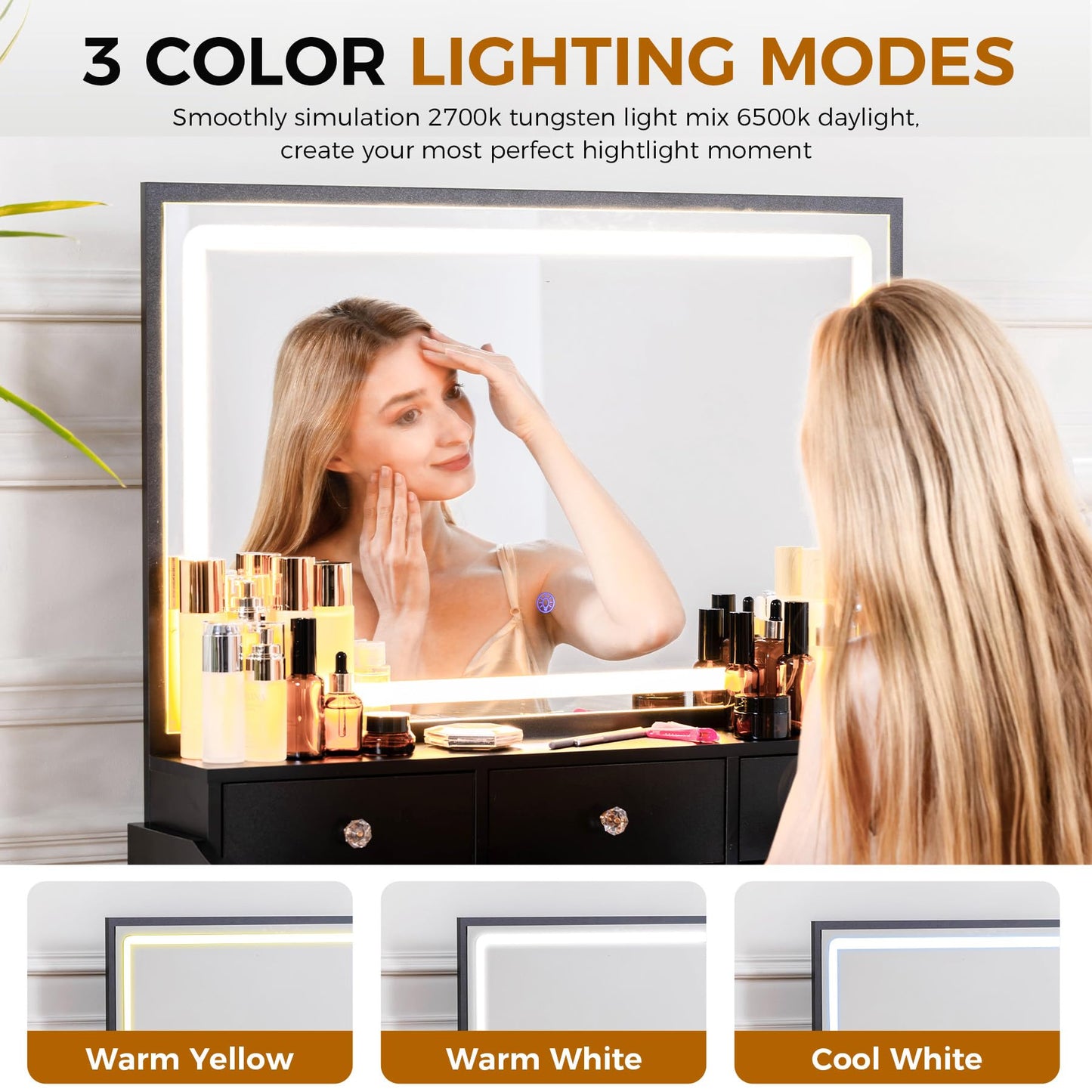 COMHOMA Makeup Vanity Desk with Mirror and Lights, Vanity Table and Chair Set with 4 Drawers and Charging Station, Bedroom Dresser LED Mirror Stepless Dimmable & 3 Color Modes Adjustable, Black
