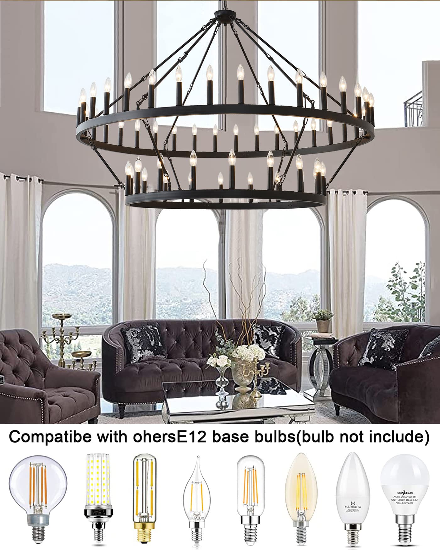 JKLX 60 Inch Large Black Wagon Wheel Chandelier,2 Tier 54-Lights Farmhouse Industrial Country Style Round Pendant Light Fixture for Outdoor Porch high Ceilings Living Dining Room Foyer Entryway