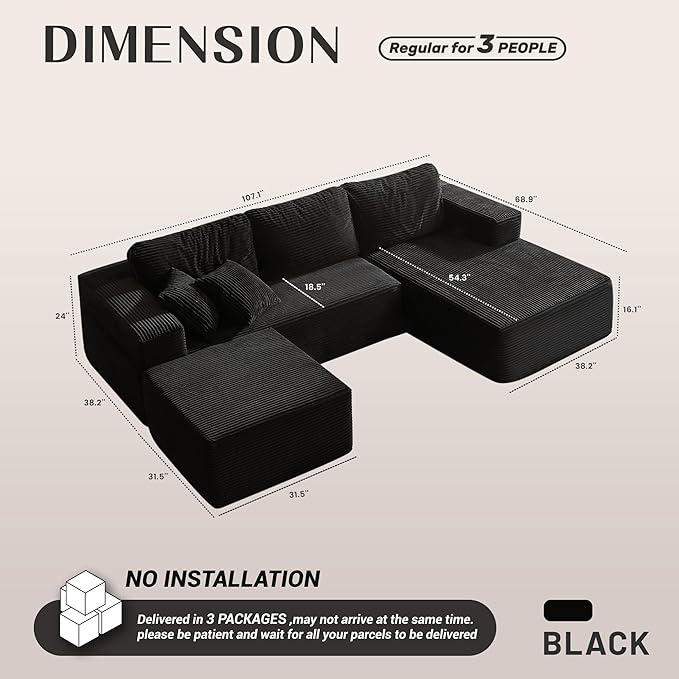 Afuson 107" Boneless Couch with Deep Seat, Modular Sectional Sofa, Cloud Sectional Couch for Living Room, No Assembly Required, Corduroy, U-Shape 3 Seater Right, Black