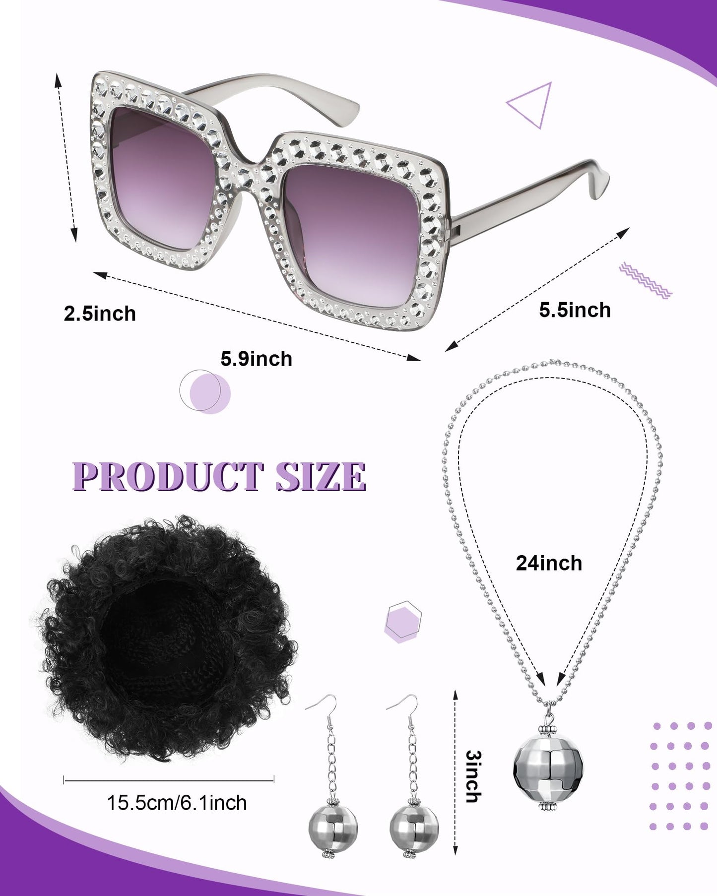 Halloween 70s Women Disco Outfit Costume Set Disco Party Top Pants Sunglasses Ball Necklace Earring Wig(White,Medium)