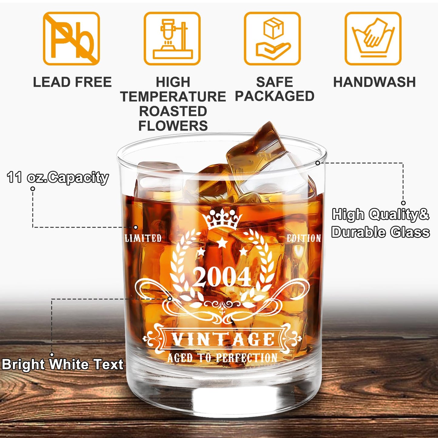 YeohJoy 21st Birthday Gifts for Him,Vintage 2004 Whiskey Glass Set,Wood Box &2004 Poster Anniversary Card & Whiskey Stones & Coaster,Bday Gifts Ideas for Him, Dad, Husband