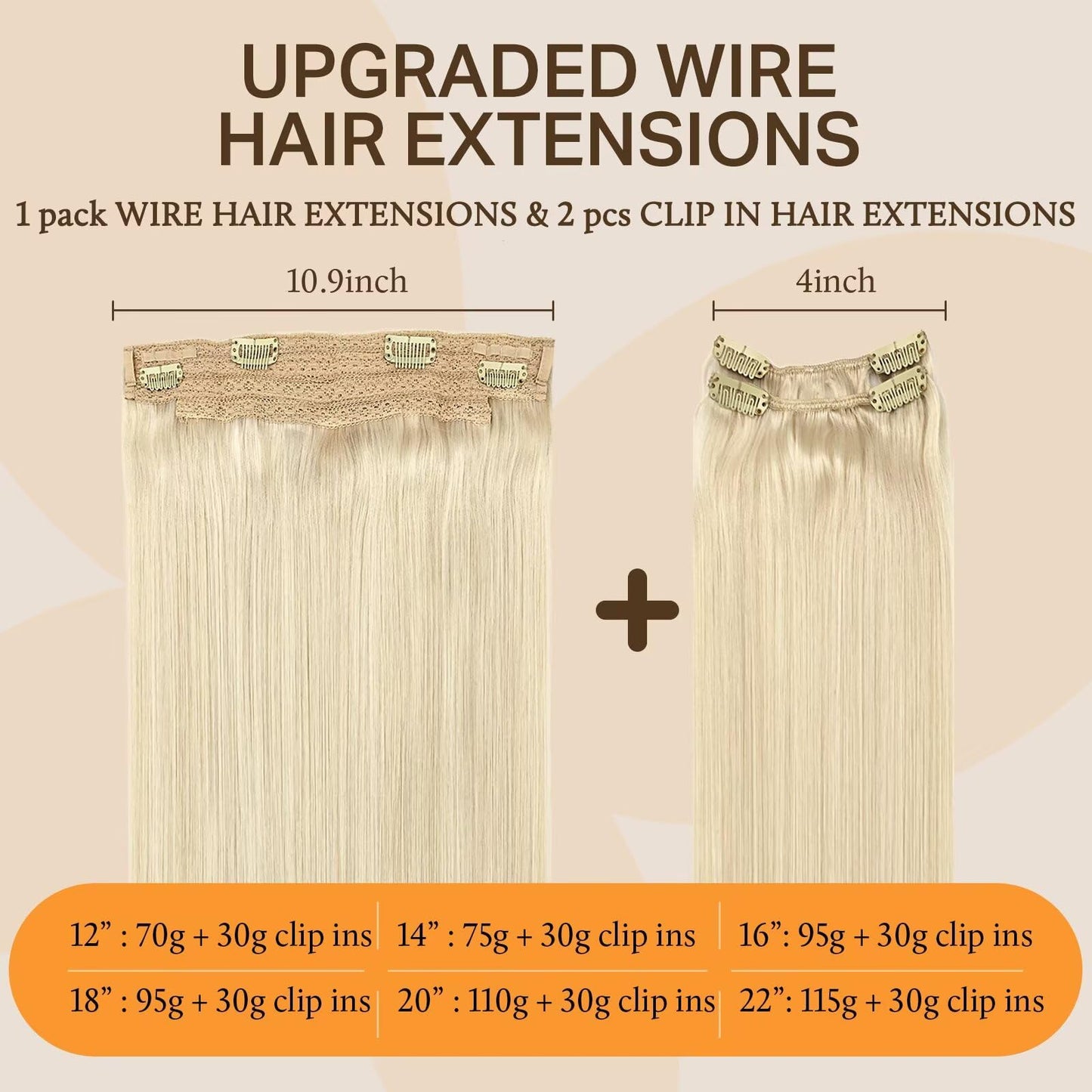 DOORES Wire Hair Extensions, Platinum Blonde 16 Inch 95g Fish Line Weft Extensions and 2pcs 30g Clip ins, 125g Invisible Wire Re