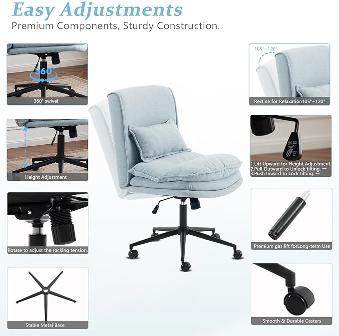 VINGLI Cloud Criss Cross Legged Chair,18" High Back Armless Home Office Desk Chair with Wheels,Wide Adjustable Comfy Padded Seat Task Computer Chair,Modern Swivel Makeup Vanity Chair,Fabric,Blue