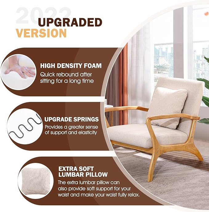 ELUCHANG Accent Chair with Lumbar Pillow,Mid-Century Modern Accent Chair Armchair, Linen Fabric Comfy Reading Chair Lounge Side Chair for Living Room Bedroom Apartment,Easy Assembly(Beige,2PCS)
