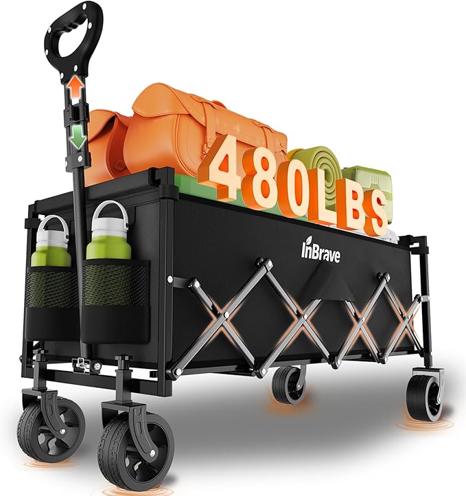 InBrave Extra Long Collapsible Wagon Cart, 480LBS Heavy Duty Utility Wagons with All-Terrain Wheels, Foldable Grocery Cart...