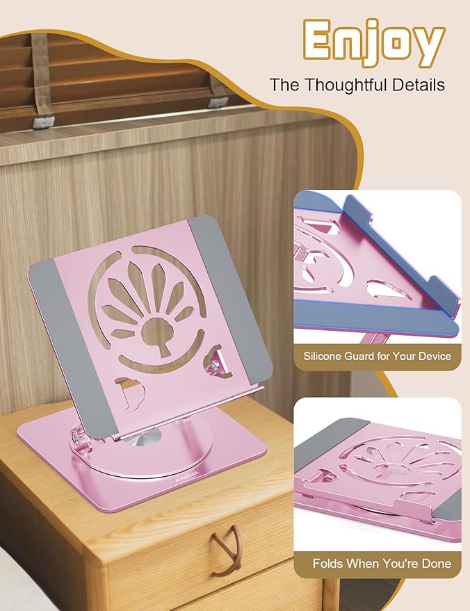 Axbima Adjustable Laptop Stand for Desk-360° Rotating Foldable Laptop Holder Ergonomic Laptop Riser for MacBook Pro/Air Dell HP Lenovo Notebook up to 16",Pink