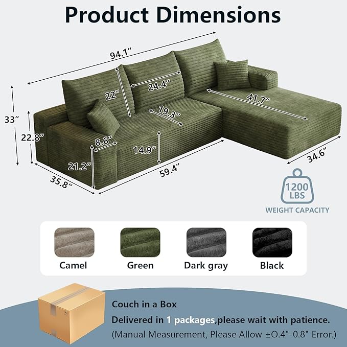 95" Cloud Sectional Couch with L-Shape Chaise, Modern Corduroy Boneless Couch for Living Room,Memory Foam Sofa with Deep Seat,No Assembly Required (Green,Right-Facing Chaise)