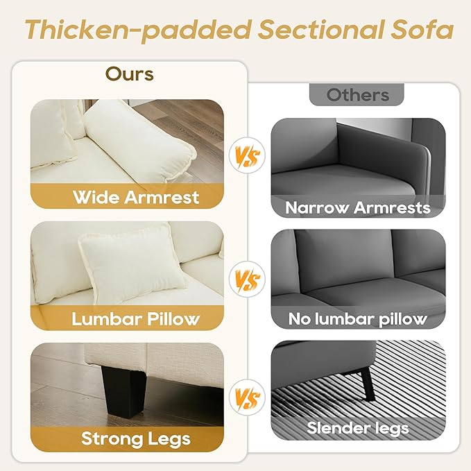 URRED Cloud Couch Modular Sectional Sofa, 116" Modern L Shaped Deep Seat Sofa with Pillows, Ultra Comfy Chenille Corner Couches for Living Room, Bedroom or Apartment, White