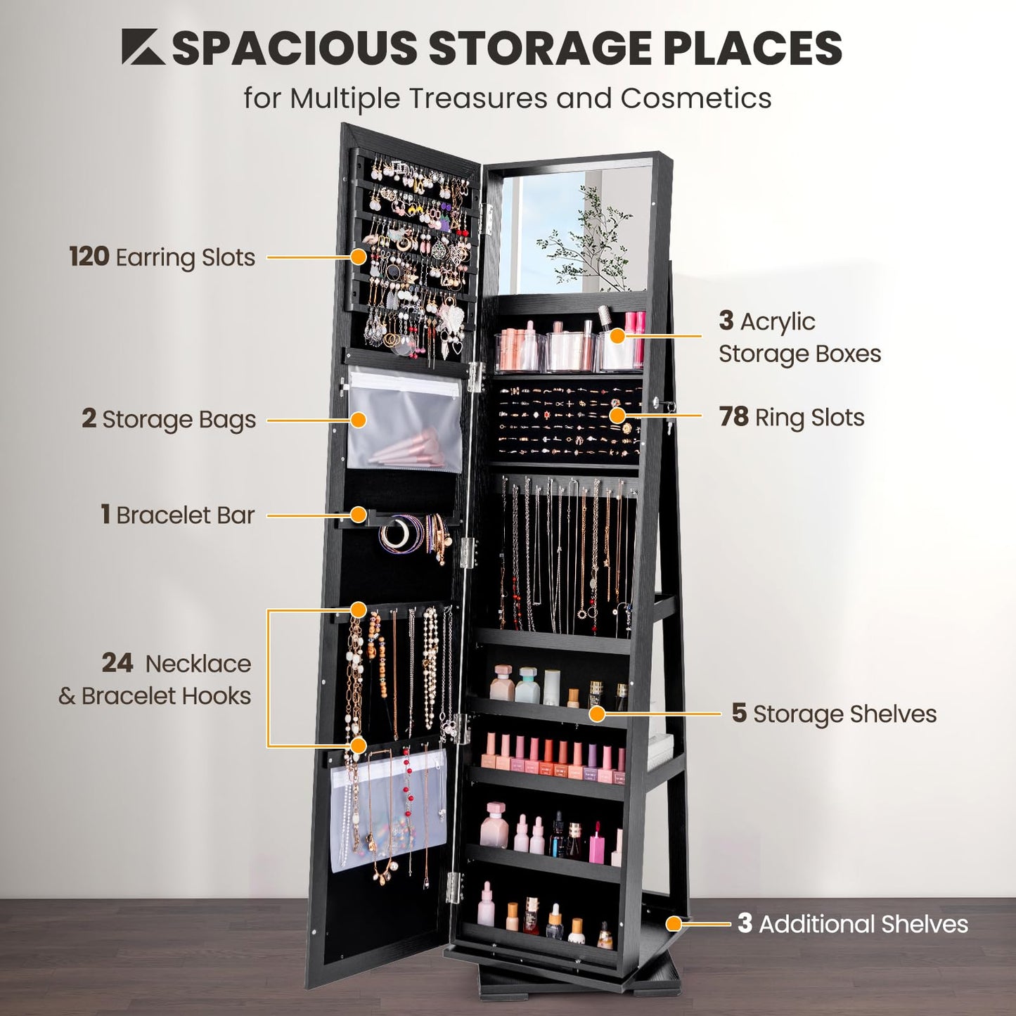 CHARMAID 360° Swivel Jewelry Armoire with Full Length Mirror, Standing Lockable Jewelry Cabinet Organizer, Large Storage Capacity, Inside Makeup Mirror, Back Storage Shelves (Black)