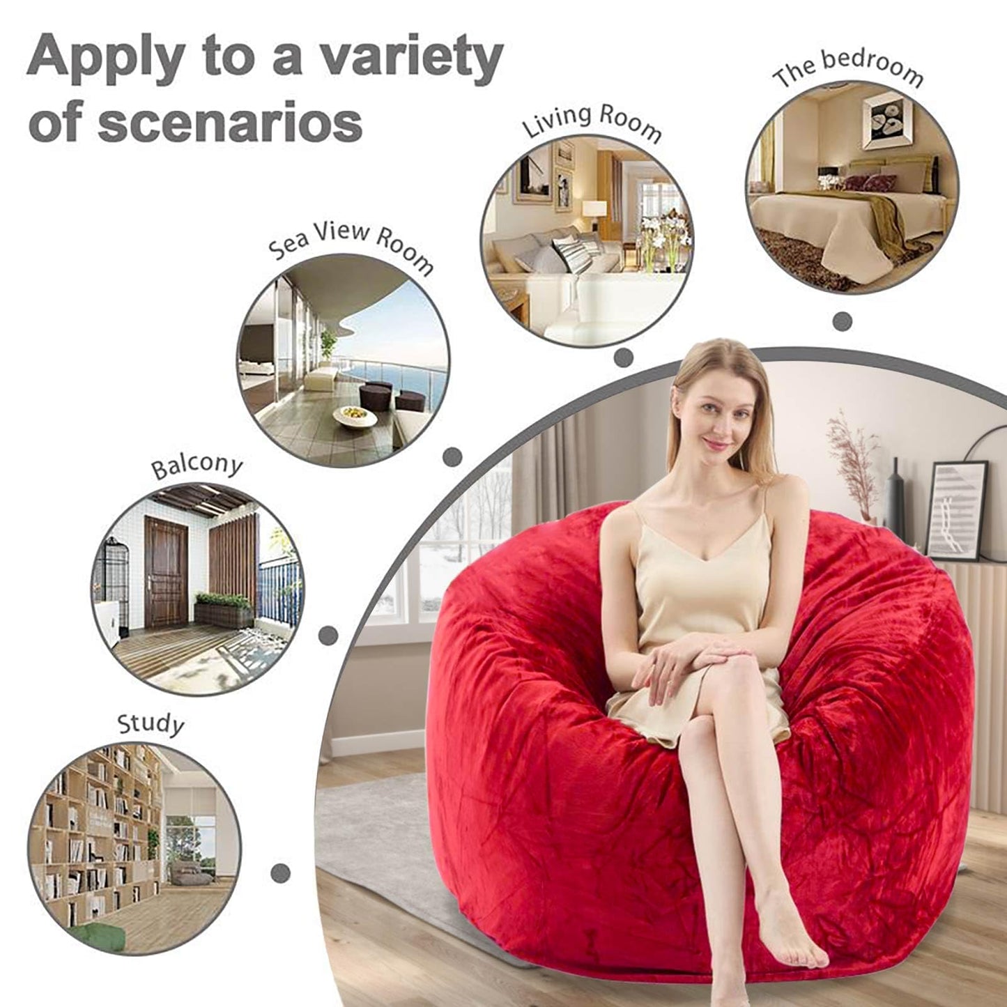4FT Bean Bag Chairs for Adults，Bean Bag with Filler Included，Memory Foam Chair，with Flannel Cover, Detachable and Washable, Suitable for Lounge Chairs in bedrooms Dormitories (Red, 4FT)