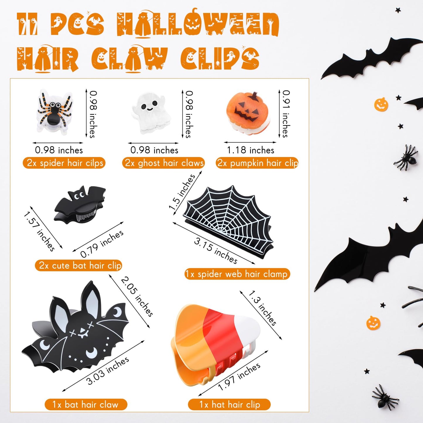 Capoda 11 Pcs Mini and Big Halloween Hair Claw Clips Set Ghost Bat Pumpkin Spider Web Candy Corn Designs Cute Hair Jaw Clips Acc