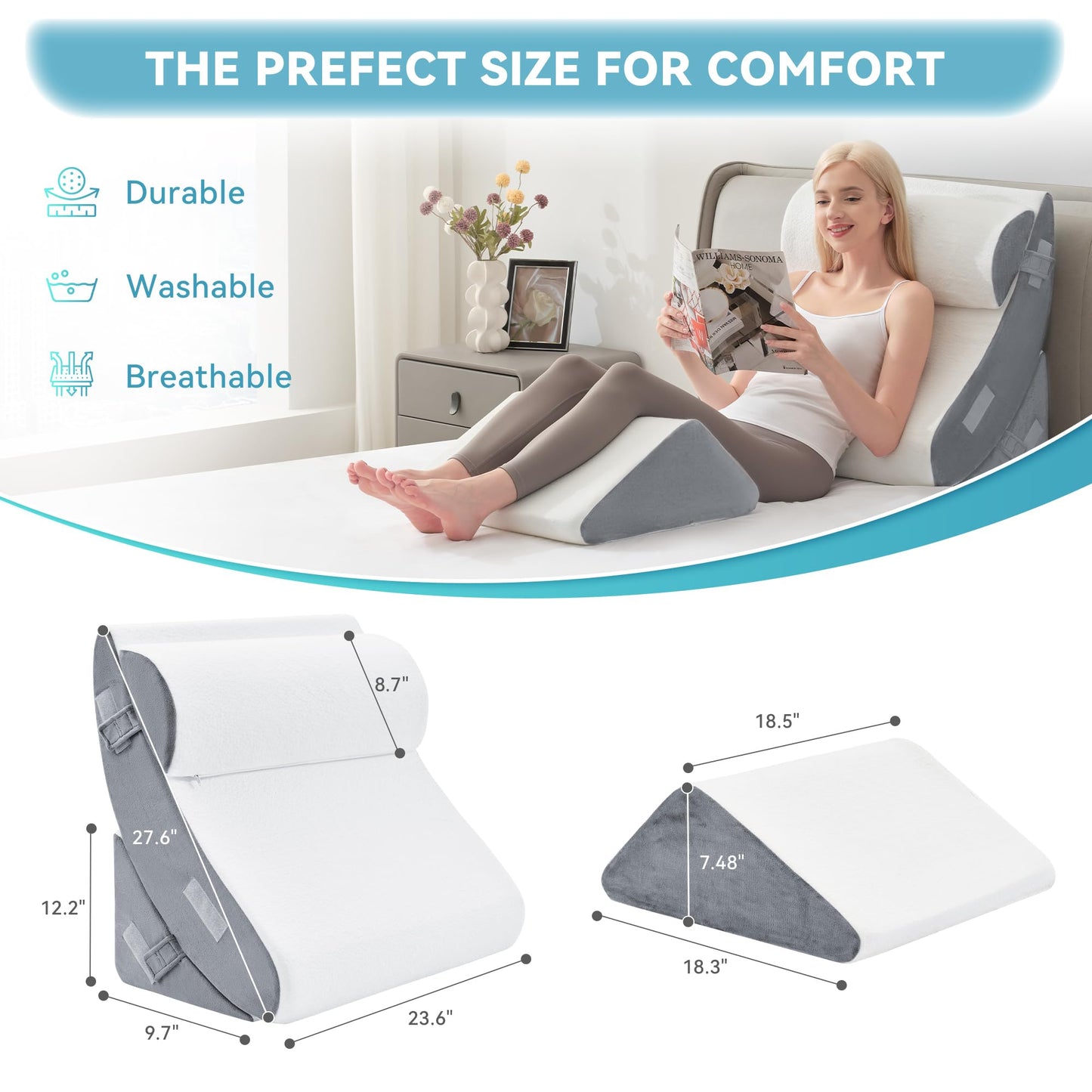 Kingfun 4pcs Orthopedic Bed Wedge Pillow Set for Post Surgery, Memory Foam for Sleeping, Adjustable Leg, Back and Arm Support, Sitting Up and Rest Pillow with Travel Bag