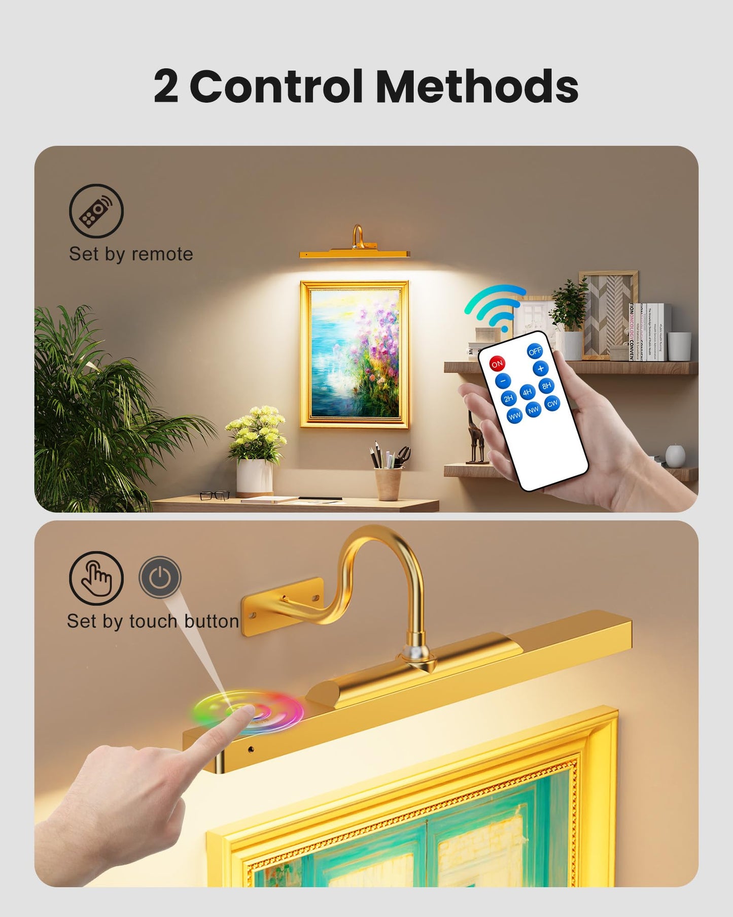 Craftersmark Picture Light Gold 2Pack, 5000mAh Battery Opertated Cordless Picture Lights for Wall, 16in CCT Dimmable with Touch Control for Wall Painting,Frame, Portrait, Dartboard