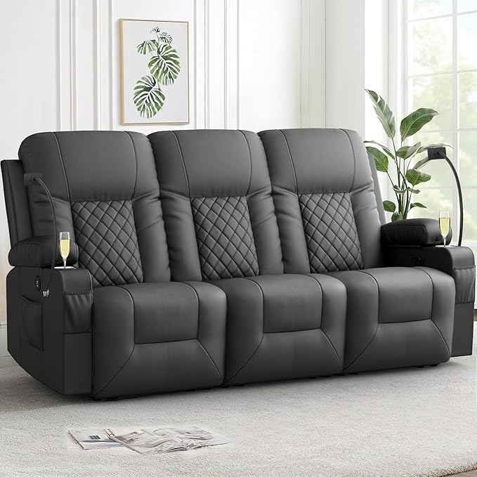 FURNIMAT Recliner Sofa, 3 Seats Dual Reclining Sofa, PU Leather Loveseat Couch, Modern Recliner Chair for Living Room, with Cup Holder and 2 Cell Phone Holder, USB Ports, Gray