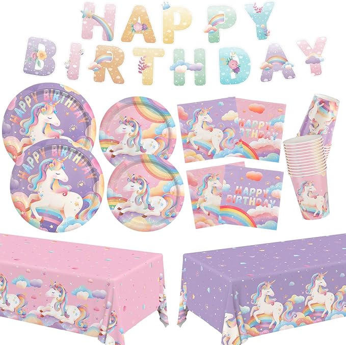 birthday Party Supplies Kit for 24 Guests - for Unicorn Birthday Decorations, Includes Dinner & Dessert Plates, Napkins, C...