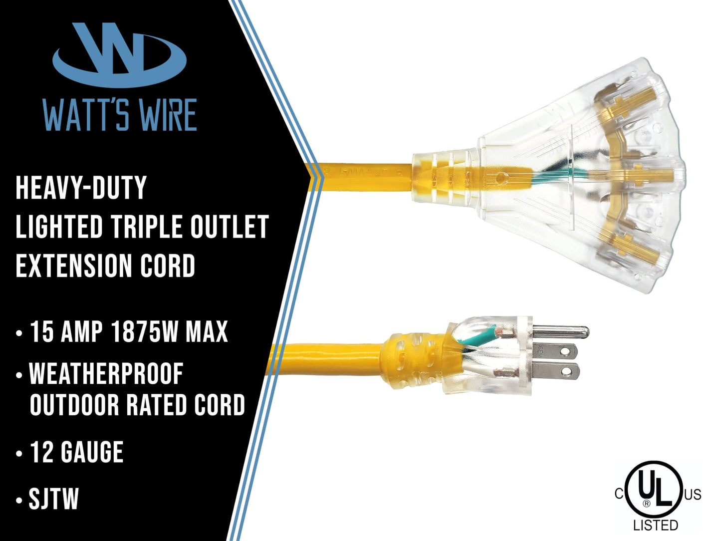 6 Ft Heavy Duty Extension Cord - 12 Gauge Outdoor Extension_Cord - Lighted Mulitiple Outlets By Watts Wire - 6 12-Gauge Ground