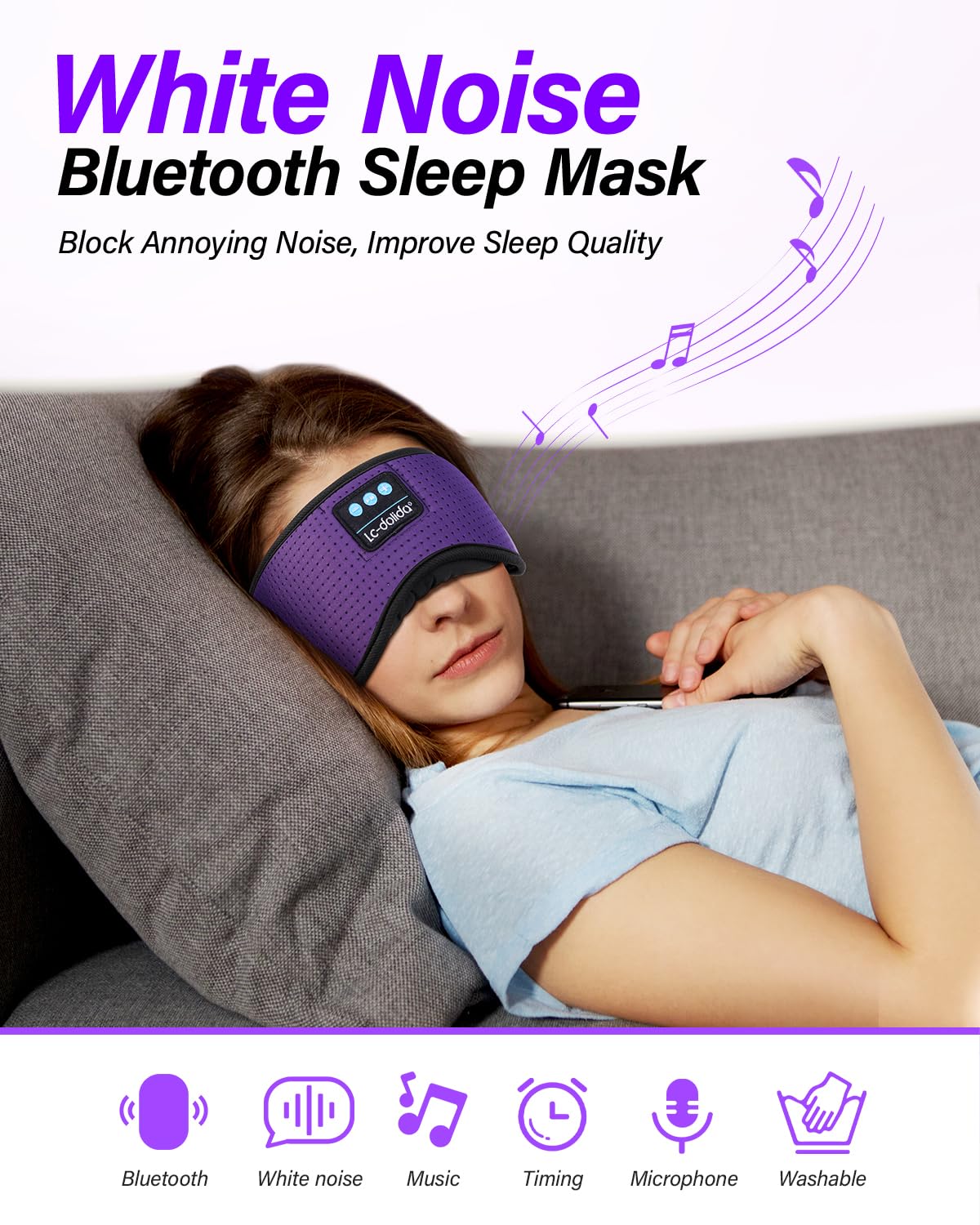 LC-dolida Sleep Headphones, White Noise Bluetooth Sleep Mask 3D Breathable Wireless Eye Mask for Timing, Sleep Mask with Bluetooth Headphones for Side Sleepers Travel Yoga, Cool Gadgets for Women Men