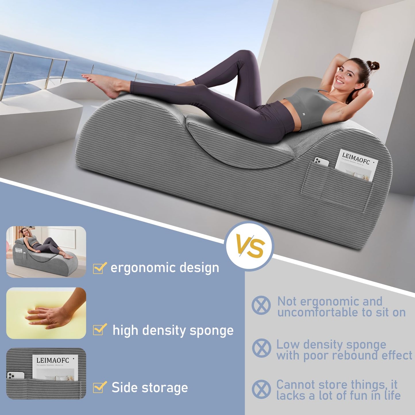 Yoga Chair Lounge for Adult, Ergonomic Chaise Lounge Chair with Side Pocket, Headrest, Waist Pad, Perfect for Stretching, Massage, and Relaxation, Used in Living Room, Bedroom（Grey）
