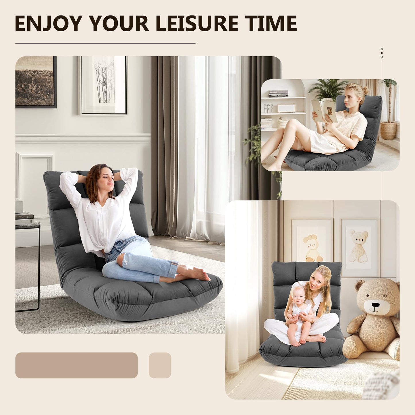 Floor Chair with Back Support, Folding Sofa Chair with 14 Adjustable Position, Padded Sleeper Bed, Couch Recliner, Floor Gaming Chair, Meditation Chair, Floor Lazy Sofa Chair for Adults & Kids