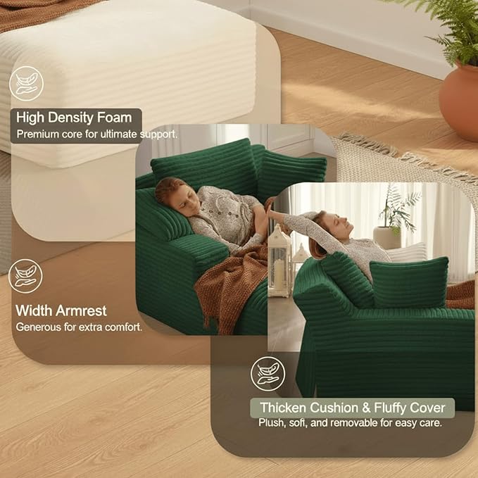 Alpen 66" Oversized Chaise Lounge, Boneless Couch Indoor, Corduroy Couch Boneless Sofa Chair for Reading with Wide Armrest and 3 Throw Pillows, No Assembly Required, Green
