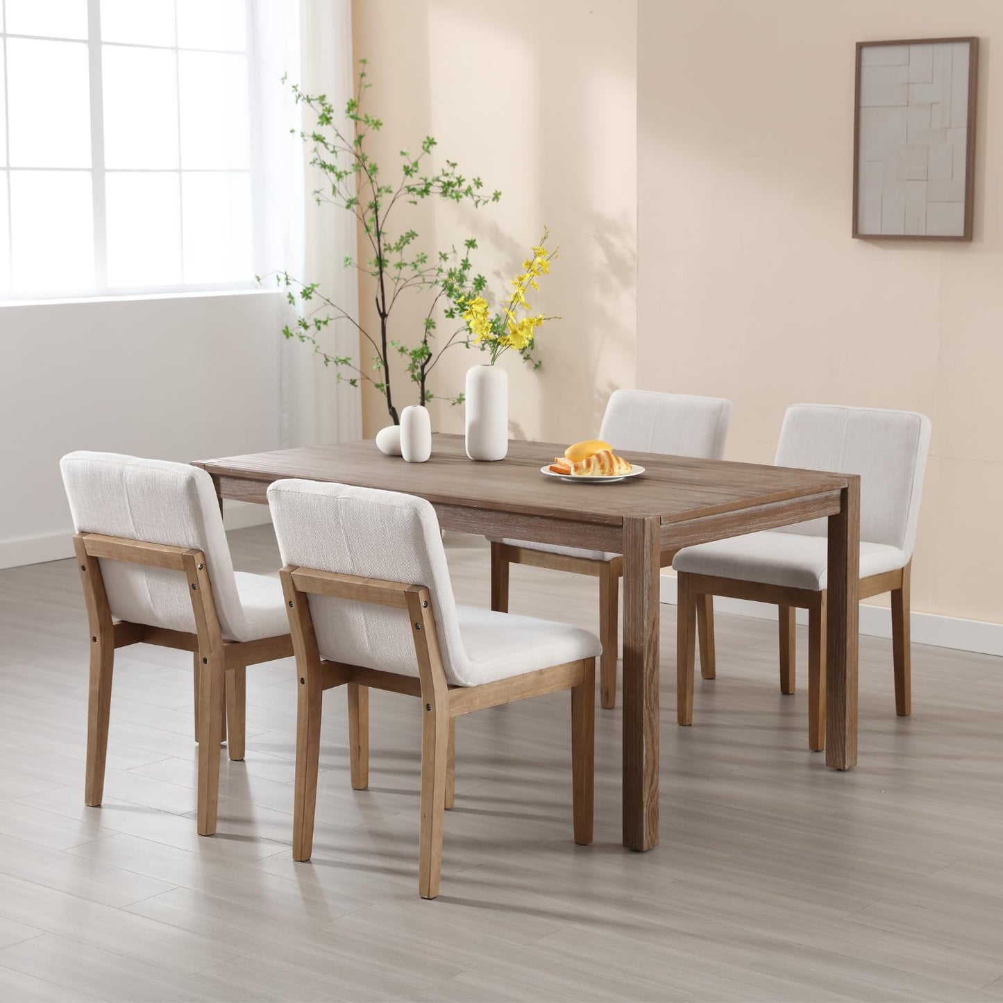 chairus Dining Chairs Armless Fabric Upholstered Kitchen & Dining Room Chairs Set of 2, Mid-Century Modern Side Chair with Natural Solid Wood Legs for Dining Room Restaurant - Linen Beige
