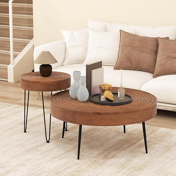Giantex Boho Round Coffee Table Set of 2, Sofa Side Nesting Table with Solid Pine Wood Top, Metal Legs & Adjustable Foot Pads, 31.5" D Large Table Set for Living Room (Ring Pattern, Brown)
