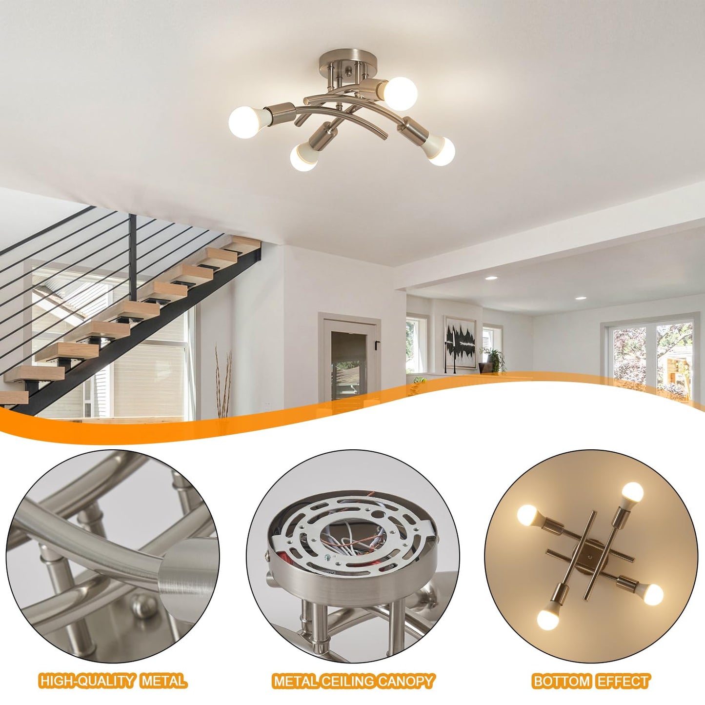 BUXVRCS Semi Flush Mount Ceiling Light Fixture, Modern Sputnik Chandelier Light Fixtures, Industrial Kitchen Light Fixtures Ceiling Mount, 4-Light Dining Room Light Fixture Bedroom (Brushed Nickel)