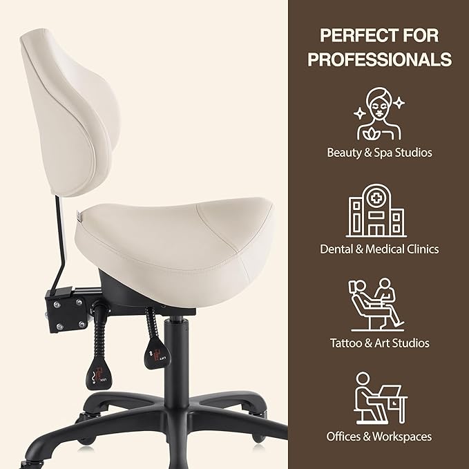 Pneumatic Swivel Rolling Saddle Chair with Wheels and Ergonomic Back Support for Hair Stylist, Dental Hygienist, Hygienic Clinic, Spa, Massage, Home, Office - 510 KOA (Vanilla, Standard)