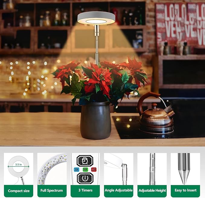 WaterRebirth 3.5 inch LED Grow Light for Indoor Plants, Full Spectrum Halo Plant Light with 3/9/12H Auto Timer, 10-Level Dimmable, Height Adjustable for Tall Plants
