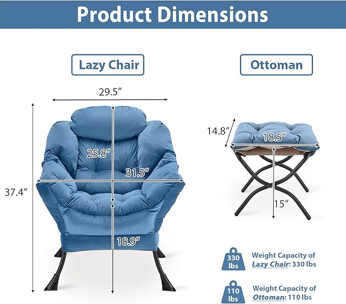 Youtanic Lazy Chair with Folding Ottoman, Accent Chair Velvet Upholstered with Metal Structure and Non-Slip Pads, Sofa Armchair with Footrest and Side Storage Bag for Dorm, Room, Office, Light Blue