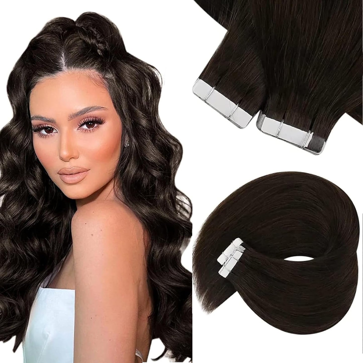 Sunny Hair Tape in Hair Extensions Real Human Hair Invisible Remy Hair Extensions Tape ins for Women Darker Brown 22 inch 20Pcs