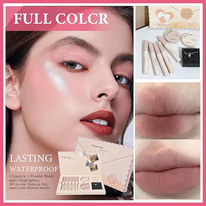 Christmas Gift for Women, 8 Pcs Gift Box Set Include Matte Lipstick, Blush, Highlighter and Necklace, Easy to Create Different Makeups, Birthday，Valentine's Day Makeup Set Gift for Girls-05