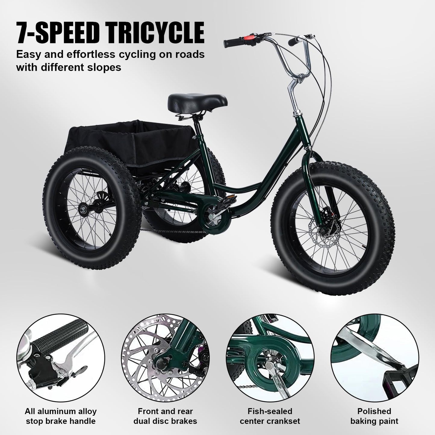 Masiunoz 20 Inch Snow Fat Tire Trike - 7 Speed Adult 3 Wheel Bicycle, Big Wheel Tricycle with Rear Cargo Basket, 450lb Capacity, Dual Disc Brakes, Comfort Seat for Seniors