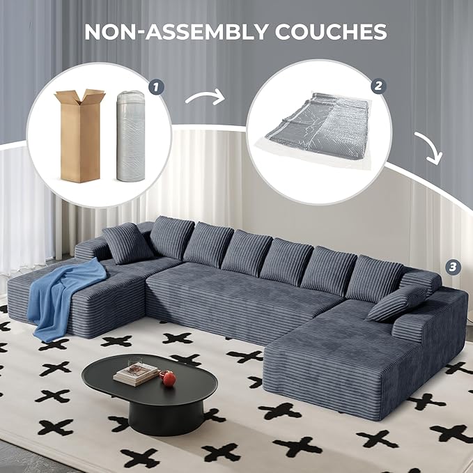 131'' Modular Sectional Cloud Sofa, U-Shaped Boneless Couches with Chaise Lounge Deep Seat with 8 pcs Pillows, Fluffy Memory Foam(No Assembly Required)