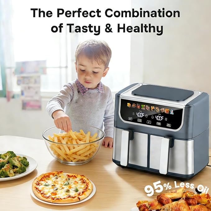 Simple Deluxe 9.5-Qt Dual Basket Air Fryer, 10-in-1 Digital Preset Airfryer, Sync Cook, Independent Temp Control, Shake Reminder, Nonstick Basket, Grey