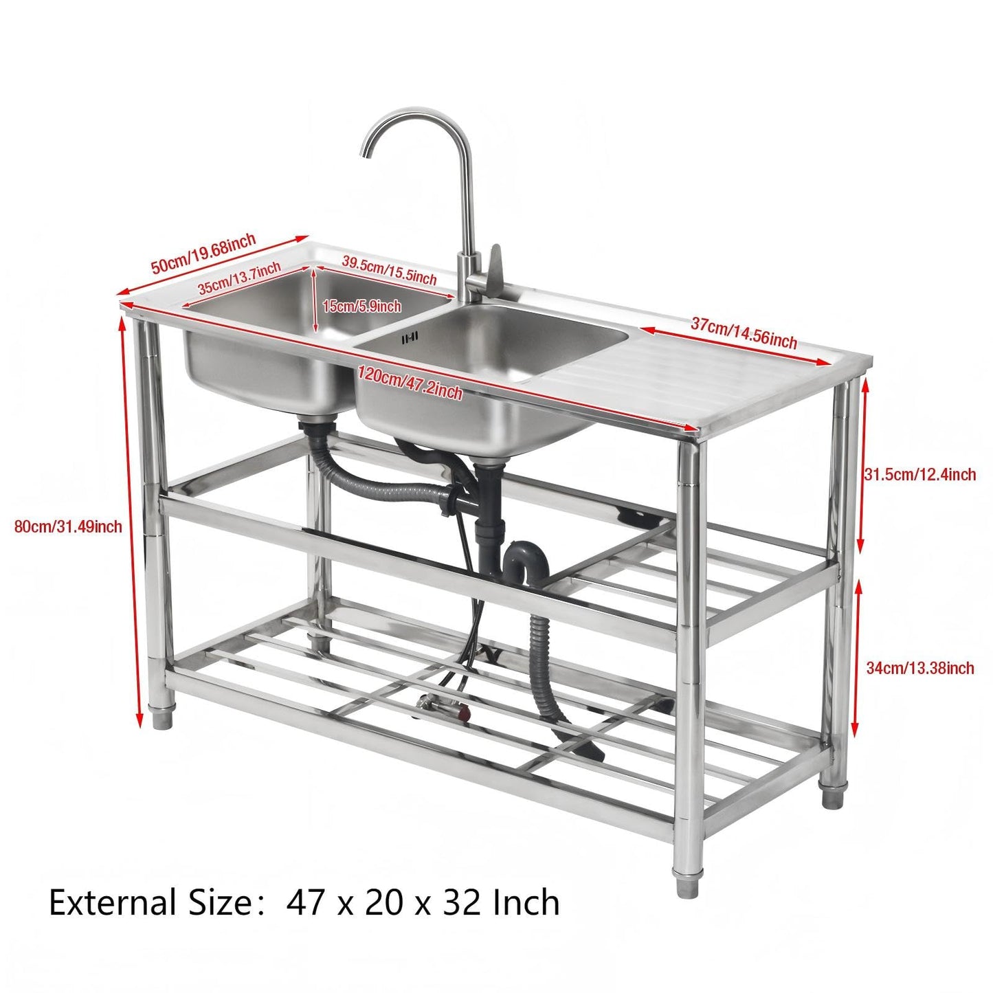 DuyviSteil Free Standing Double Bowl Sink, Stainless Steel Utility Sink, Commercial Restaurant Kitchen Sink Set, Water Pipe & w/Workbench & Storage Shelves Indoor Outdoor (47in)