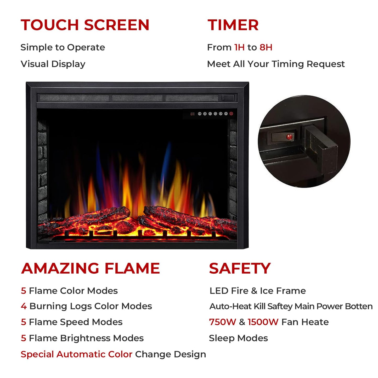 R.W.Flame A-36 Electric Fireplace Insert ,Recessed Electric Stove Heater,Touch Screen,Remote Control,750W-1500W With Timer & Col