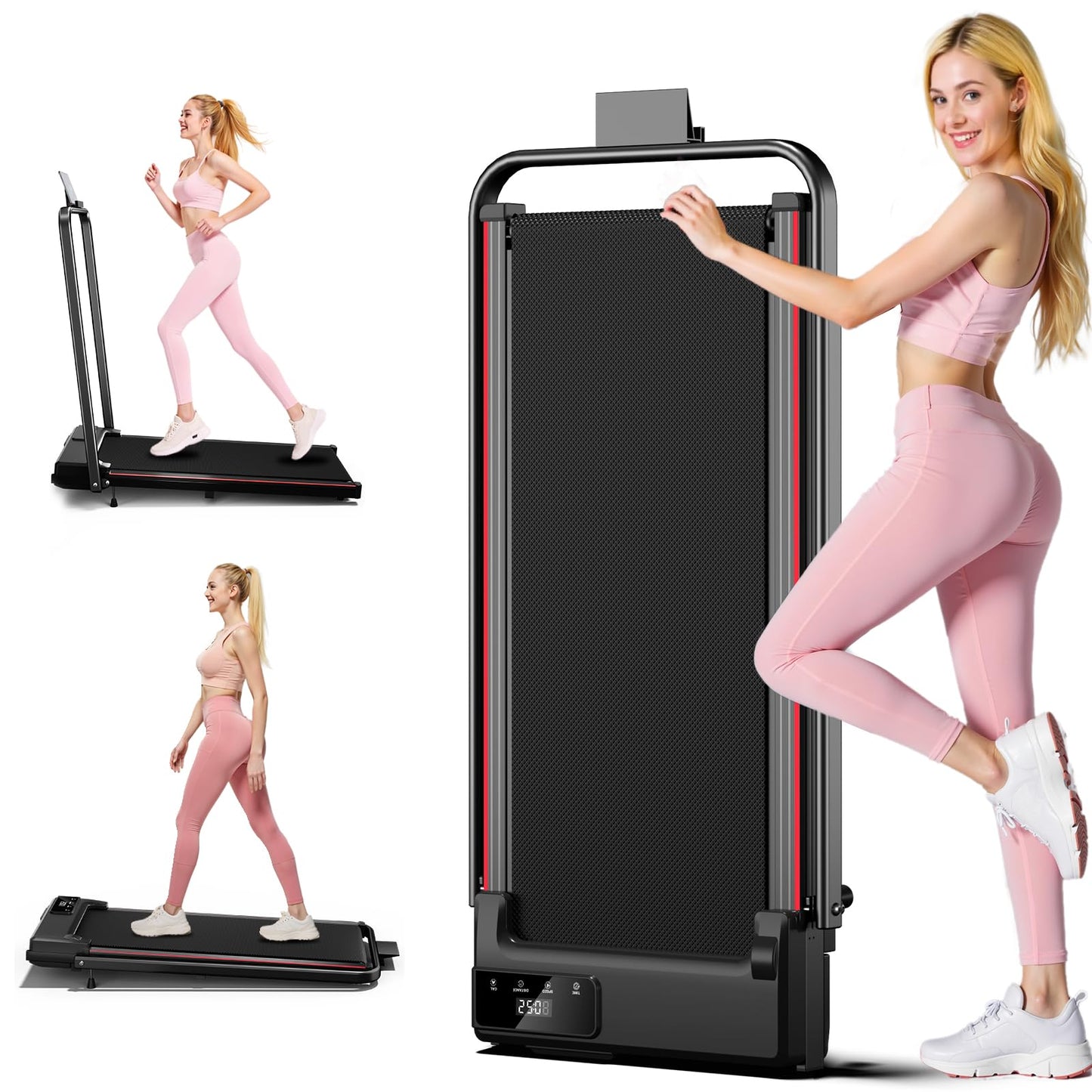 Treadmill with Incline, Small Walking Pad with Handle Bar, Under Desk Treadmill for Home Office 300 Lbs Capacity, Remote Control&APP, Black (M)