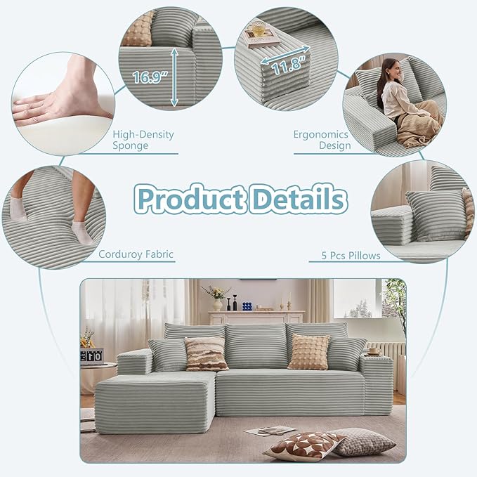 107" W Cloud Sectional Couch with L-Shape Chaise, Modern Corduroy Boneless Couch for Living Room,Memory Foam Sofa with Deep Seat,No Assembly Required (Grey,Left-Facing Chaise)