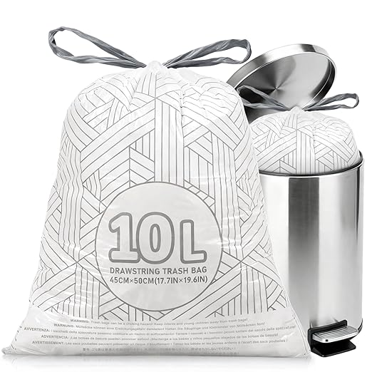 OKKEAI 2.6 Gallon Bathroom Small Trash Bags, White Drawstring Garbage Bags – 90 Count Tear-Free, Heavy Duty Printed Liners, Leak-Proof White Trash Bag for Kitchen, Office, Multipurpose Use