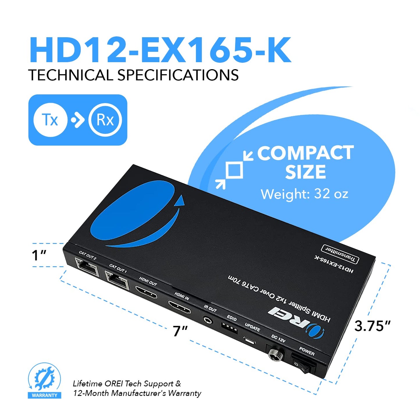 Orei 4K 1X2 Hdmi Over Ethernet Extender Splitter Over Cat6/7 Ethernet Cable 4K@30Hz Up To 165 Ft - 1 In 2 Out, 1080P@60Hz Upto 2