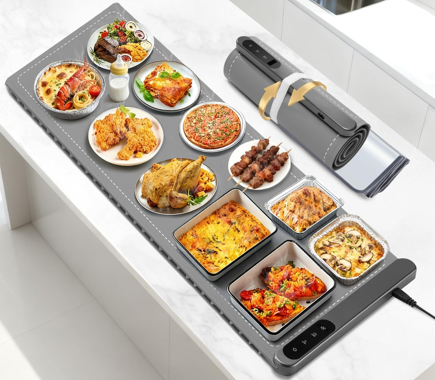 Food Warming Mat Large, XXL (42"x15") Electric Food Warmers Mat with Heat Resistant Pad for Countertop, Heat 6 Level Temperature & 6 Hours Timer, Foldable Heating Trays for Buffets Party, Gray