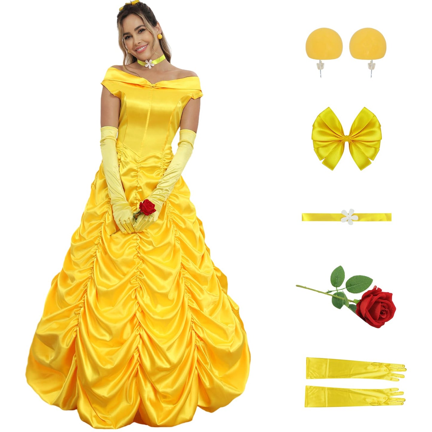 Poboola Belle Costume Women Adult Princess Costumes Halloween Cosplay Party Yellow Dress Long Dress Gown Beauty Outfit L