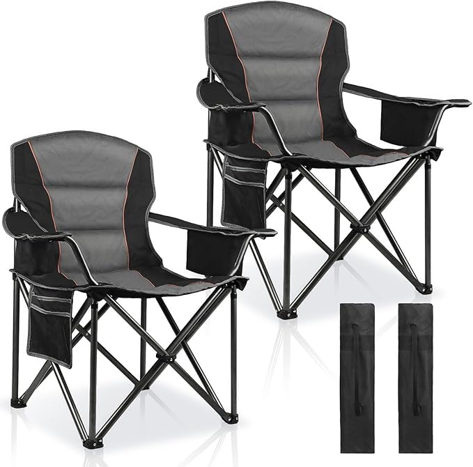 LANMOUNTAIN 2 Pack Padded Oversized Camping Chairs for Adults,Heavy Duty Support 400 Lbs,Folding Portable Lawn Chair w/Cup Holder,Cooler Bag,Side Pocket,Perfect for Outdoor Picnic,Hiking(Black)