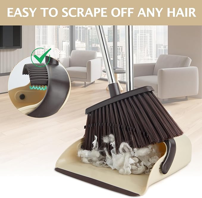 Broom and Dustpan Set with Long Handle, Heavy Dust Broom and Dustpan Combo for Home，Kitchen, Office, Pet Hair(Beige)